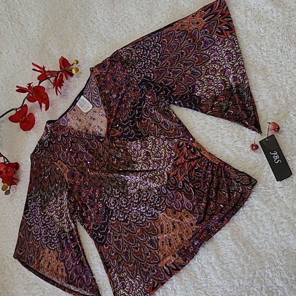 NEW Sexy Top Metalic Slinky Peacock Stretch Crisscross Angel Wing Split Sleeve L - Picture 4 of 7